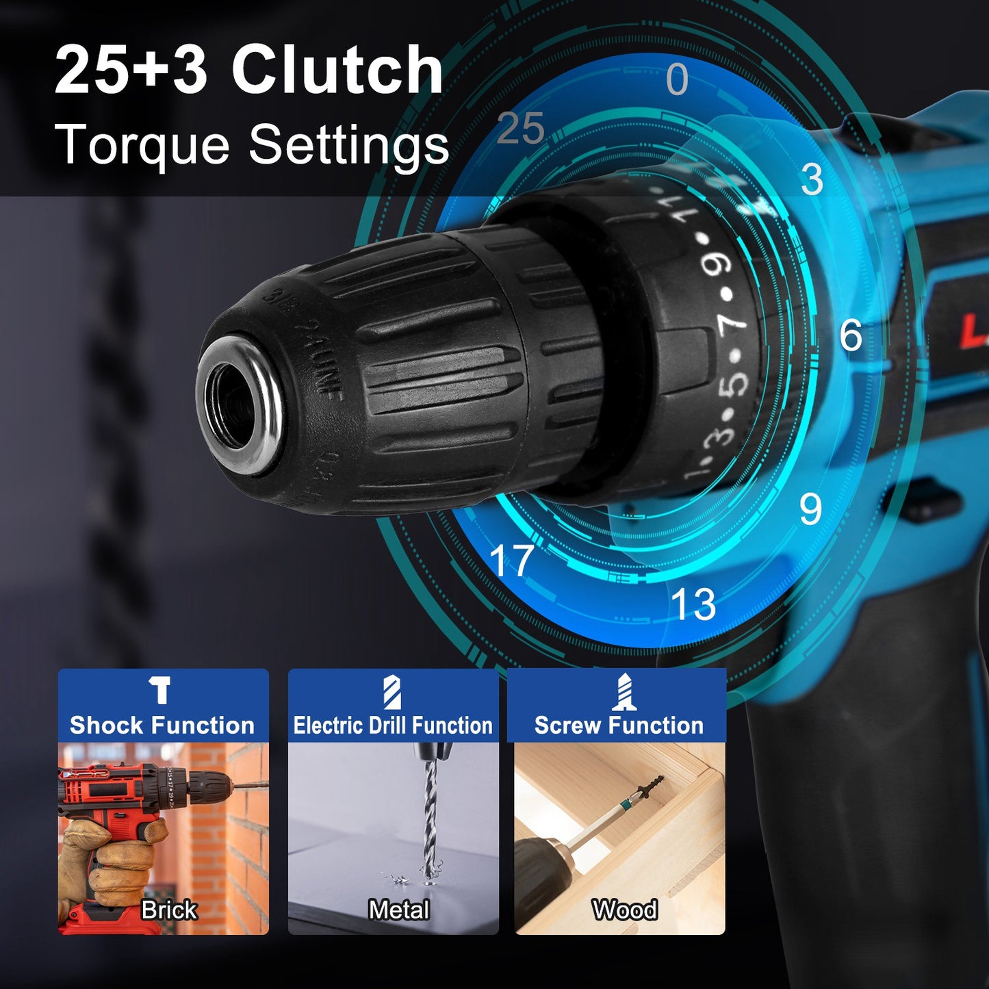 Cordless Drill Set With 2Pcs 21V Batteries And Charger 2 Variable Speeds Keyless Chuck 265lnLbs 25 And 3 Torque Positions Included 24Pcs Drill Bits For Home Car Repair Handmade