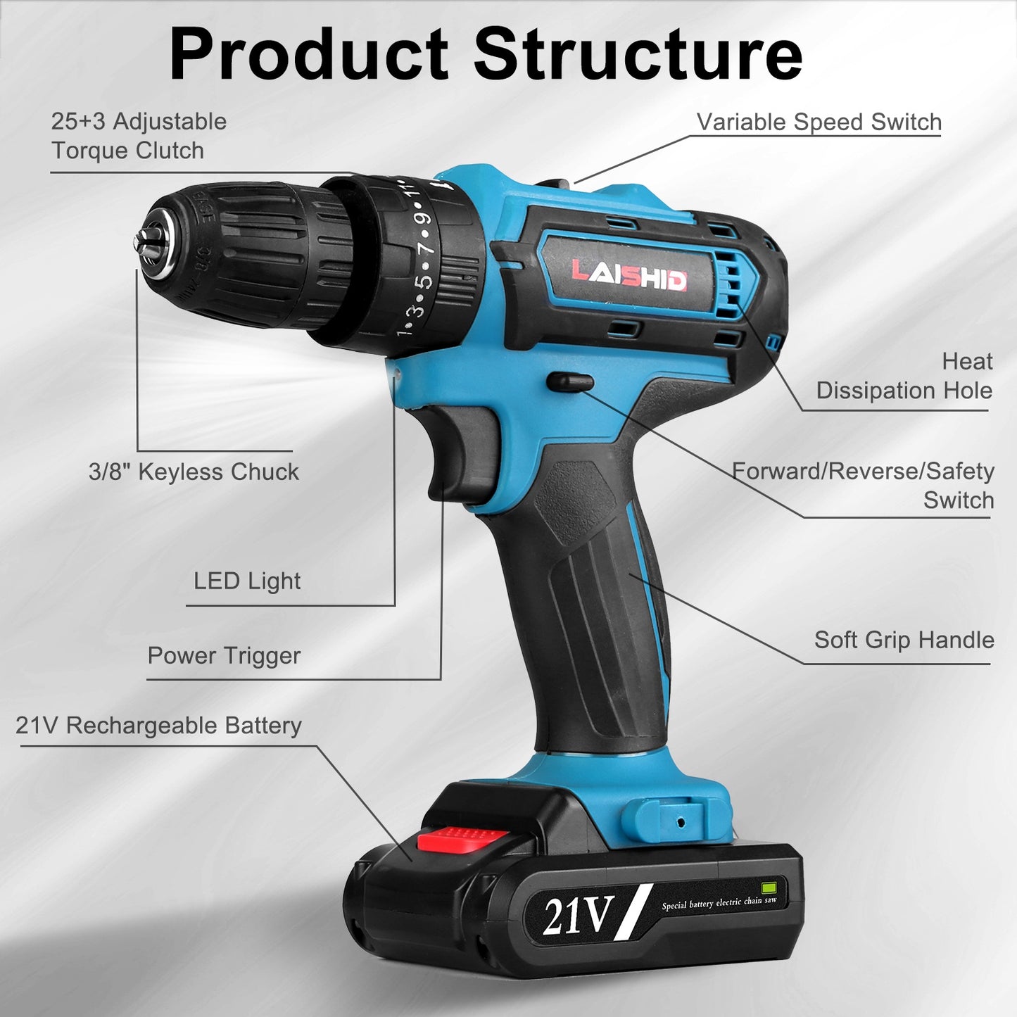 Cordless Drill Set With 2Pcs 21V Batteries And Charger 2 Variable Speeds Keyless Chuck 265lnLbs 25 And 3 Torque Positions Included 24Pcs Drill Bits For Home Car Repair Handmade