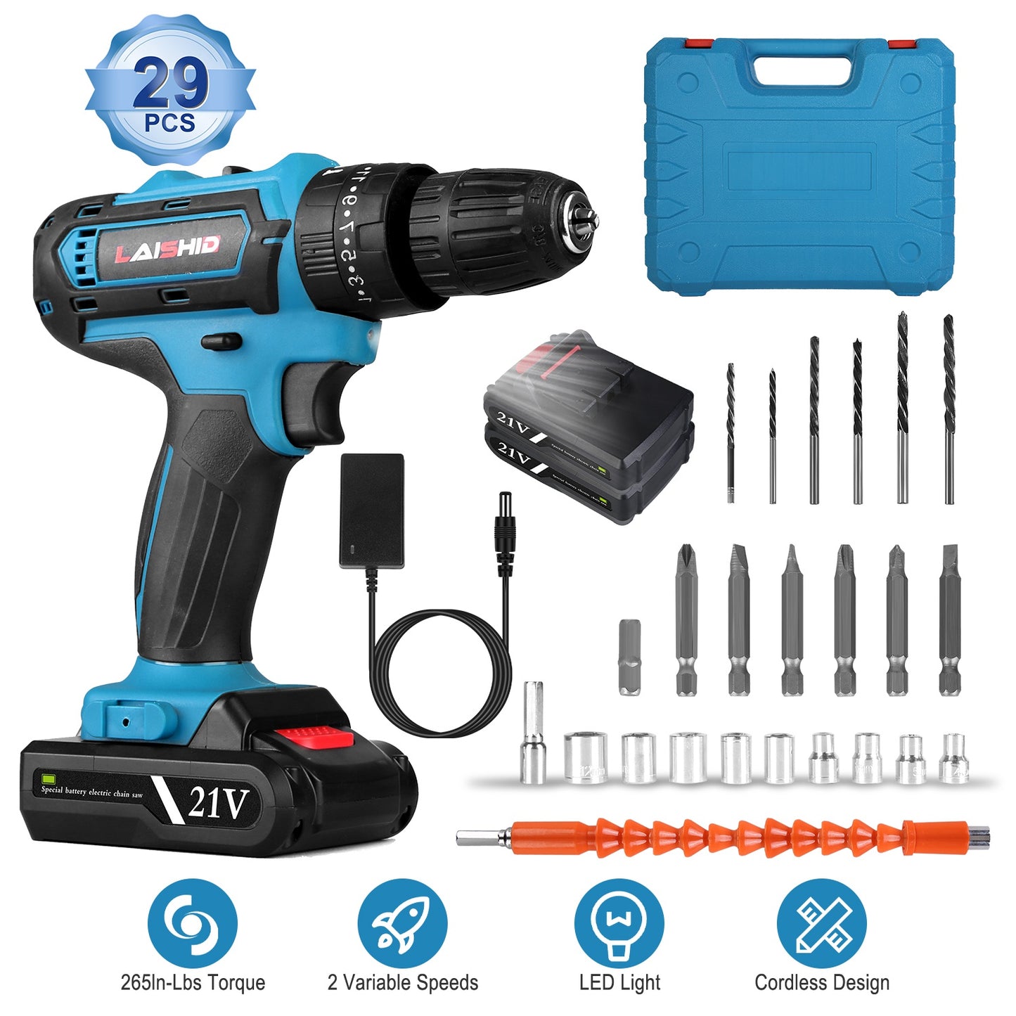 Cordless Drill Set With 2Pcs 21V Batteries And Charger 2 Variable Speeds Keyless Chuck 265lnLbs 25 And 3 Torque Positions Included 24Pcs Drill Bits For Home Car Repair Handmade