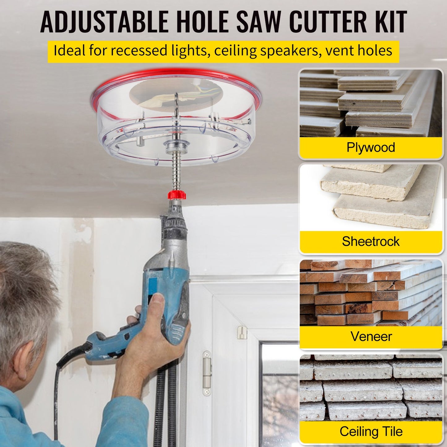 Adjustable Hole Saw Cutter Kit, 1-5/8' To 11-13 /16' (40-300 Mm), Recessed Hole Saw With PC Dust Shield, Two Replaceable Pilot Drill Bits, For Recessed Lights, Ceiling Speakers, Vent Holes